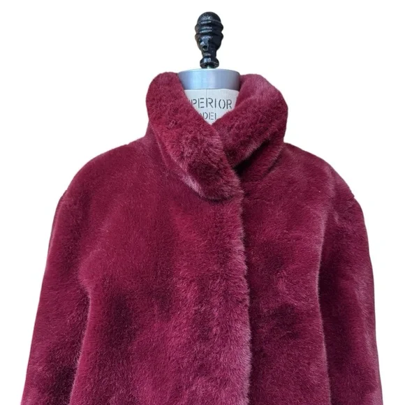 MNG Mango Faux Fur Coat Size S Burgundy - Picture 4 of 12